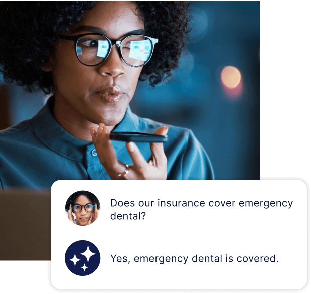 An employee speaks into her phone, asking ADP's AI assistant if her insurance covers emergency dental. The ADP AI confirms coverage